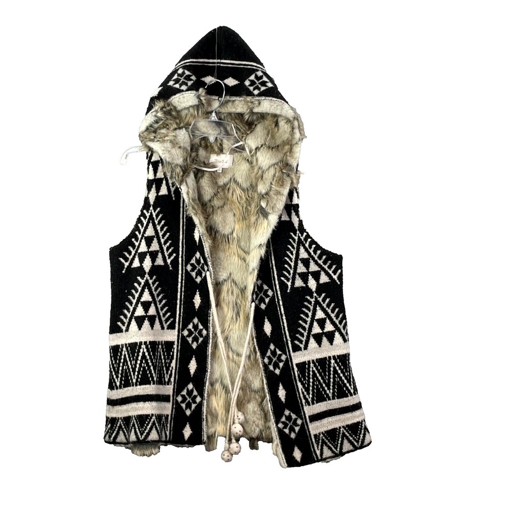Miss Me Hooded Vest Womens Large Faux Fur Lined Southwestern Aztec Western Boho